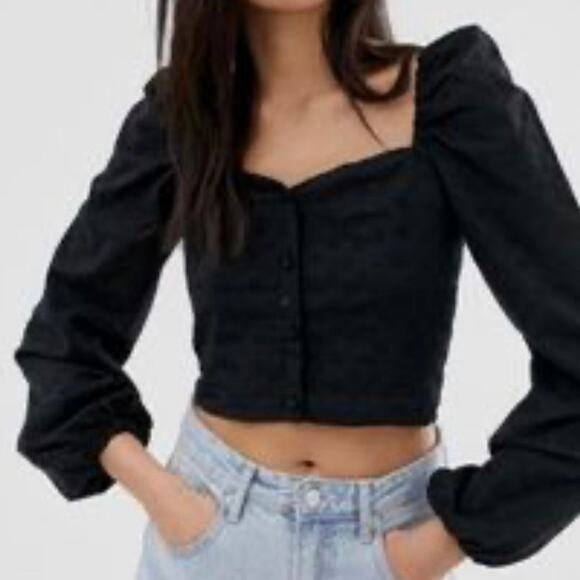 ASOS Stradivarius Square Neck Button Front Black Puff Sleeve Shirt NWT Medium - Picture 2 of 14